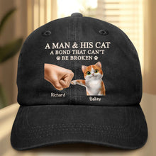 Load image into Gallery viewer, A Man And His Cat - Personalized Vintage Washed Denim Cap Vintage Washed Denim Cap HeartfulPaws
