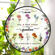 Load image into Gallery viewer, First Mom Now Grandma Birth Flower - Personalized Stained Glass Window Hanging Suncatcher Stained Glass Suncatcher HeartfulPaws