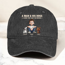 Load image into Gallery viewer, Man & His Dog A Bond Can't Be Broken - Personalized Distressed Denim Cap Distressed Denim Cap HeartfulPaws