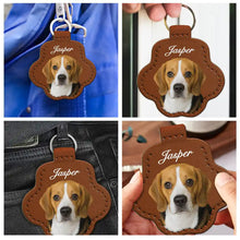Load image into Gallery viewer, Custom Photo Dog Cat Pet Portrait - Personalized Paw Shaped Leather Keychain With Stitching Leather Keychain With Stitching HeartfulPaws