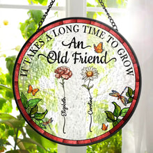 Load image into Gallery viewer, Birth Flower Grow An Old Friend - Personalized Stained Glass Window Hanging Suncatcher Stained Glass Suncatcher HeartfulPaws