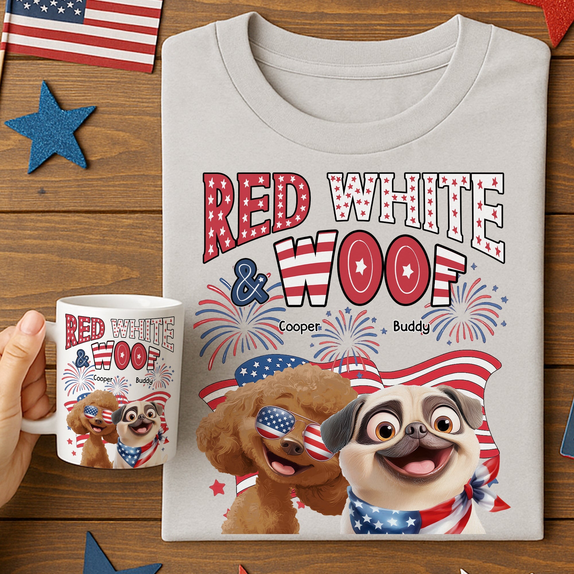 Red White Woof - Custom Independence Day Gift Set For Pet Parents Shirt And Mug HeartfulPaws