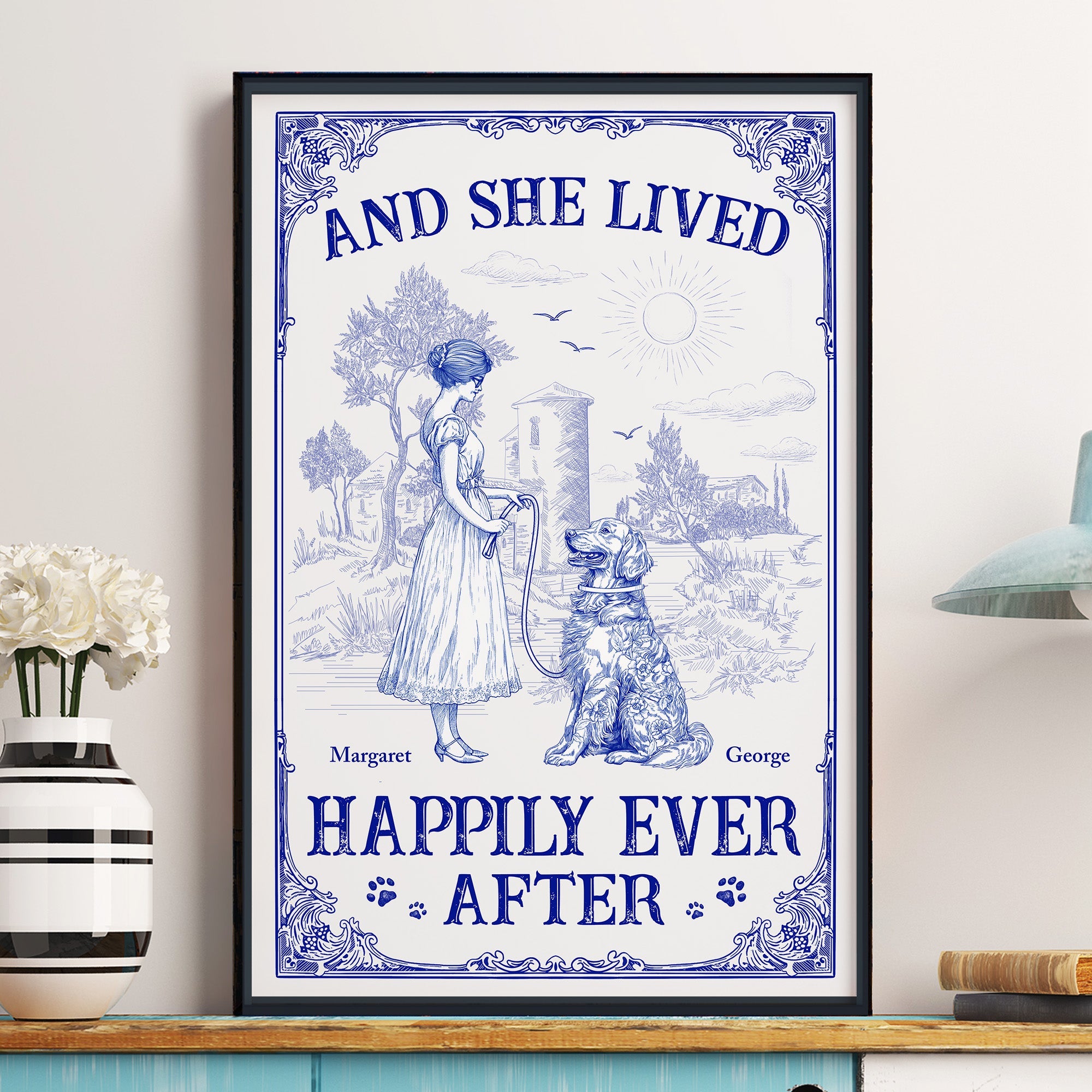 And She Lived Happily Ever After Dog Toile De Jouy - Personalized Poster Poster HeartfulPaws