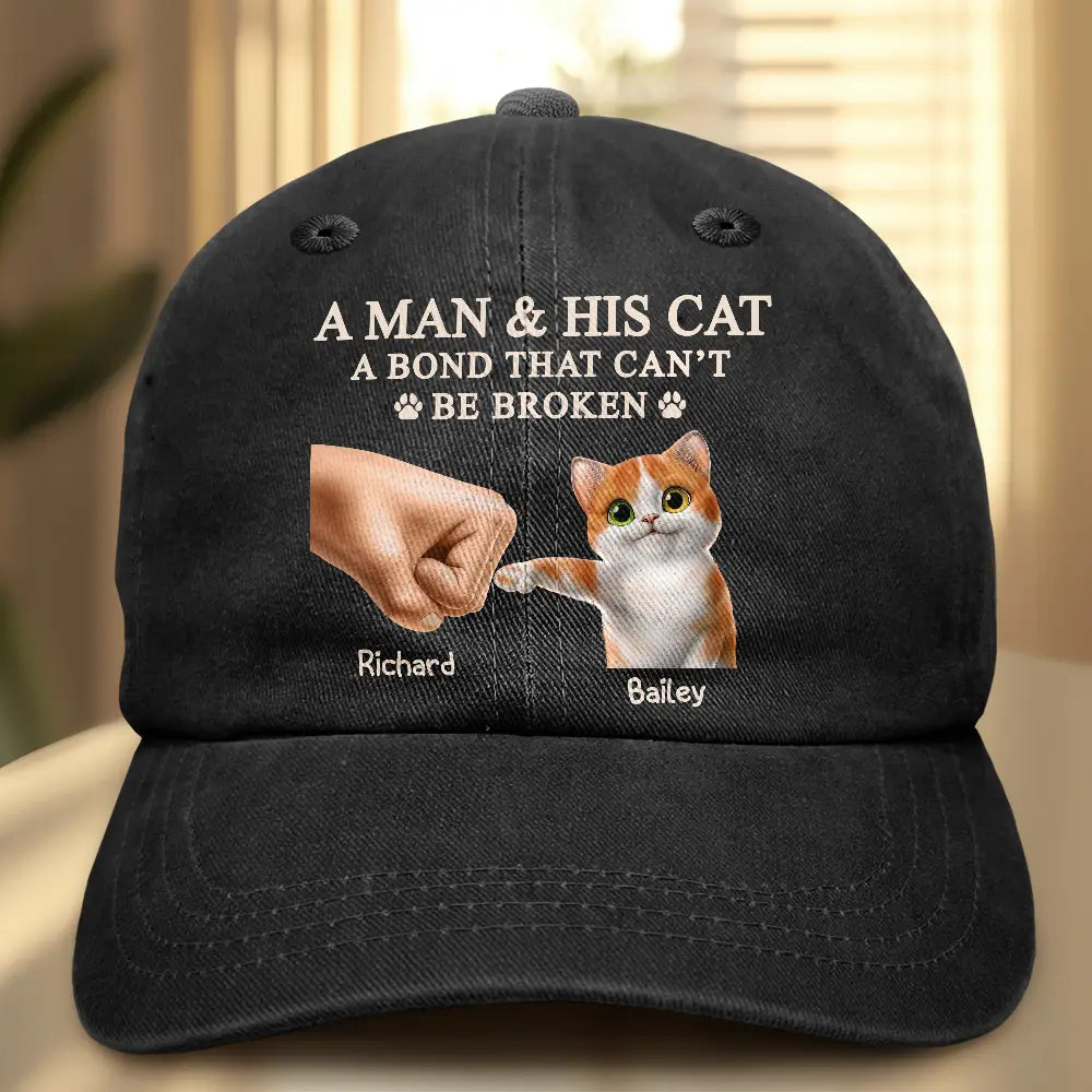 A Man And His Cat - Personalized Vintage Washed Denim Cap Vintage Washed Denim Cap HeartfulPaws