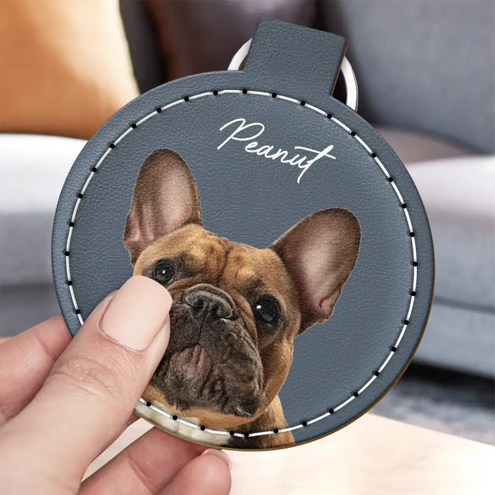 Custom Photo Dog Cat Pet Portrait - Personalized Custom Shaped Leather Keychain With Stitching Leather Keychain With Stitching HeartfulPaws