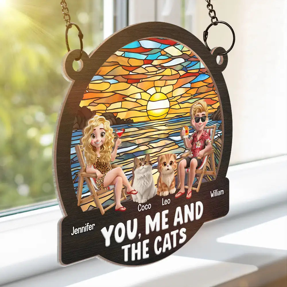 Beach You, Me And The Cats - Personalized Window Hanging Suncatcher Ornament Window Hanging Suncatcher HeartfulPaws