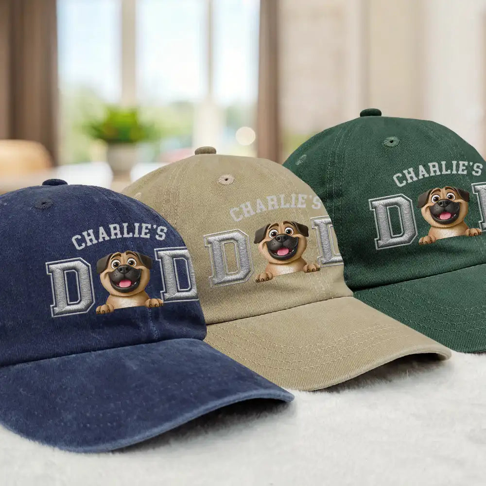 Dog Dad Dog Mom 3D Effect - Embroidery Text Effect Printed, Personalized Vintage Washed Denim Cap Vintage Washed Denim Cap HeartfulPaws