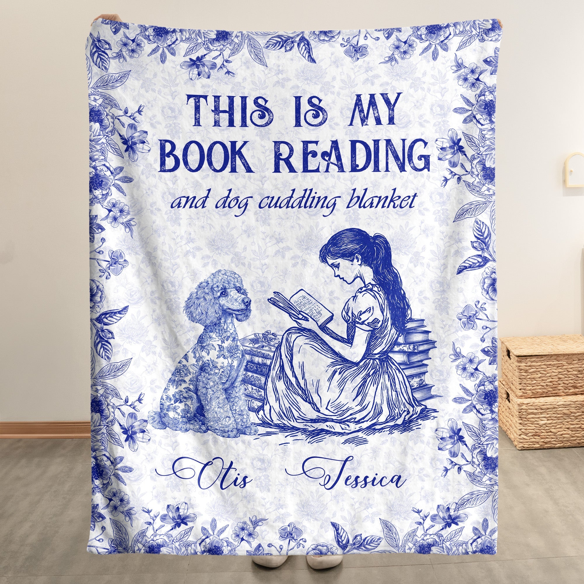 My Book Reading And Dog Cuddling Toile De Jouy Chinoiseries - Personalized Blanket Blankets HeartfulPaws