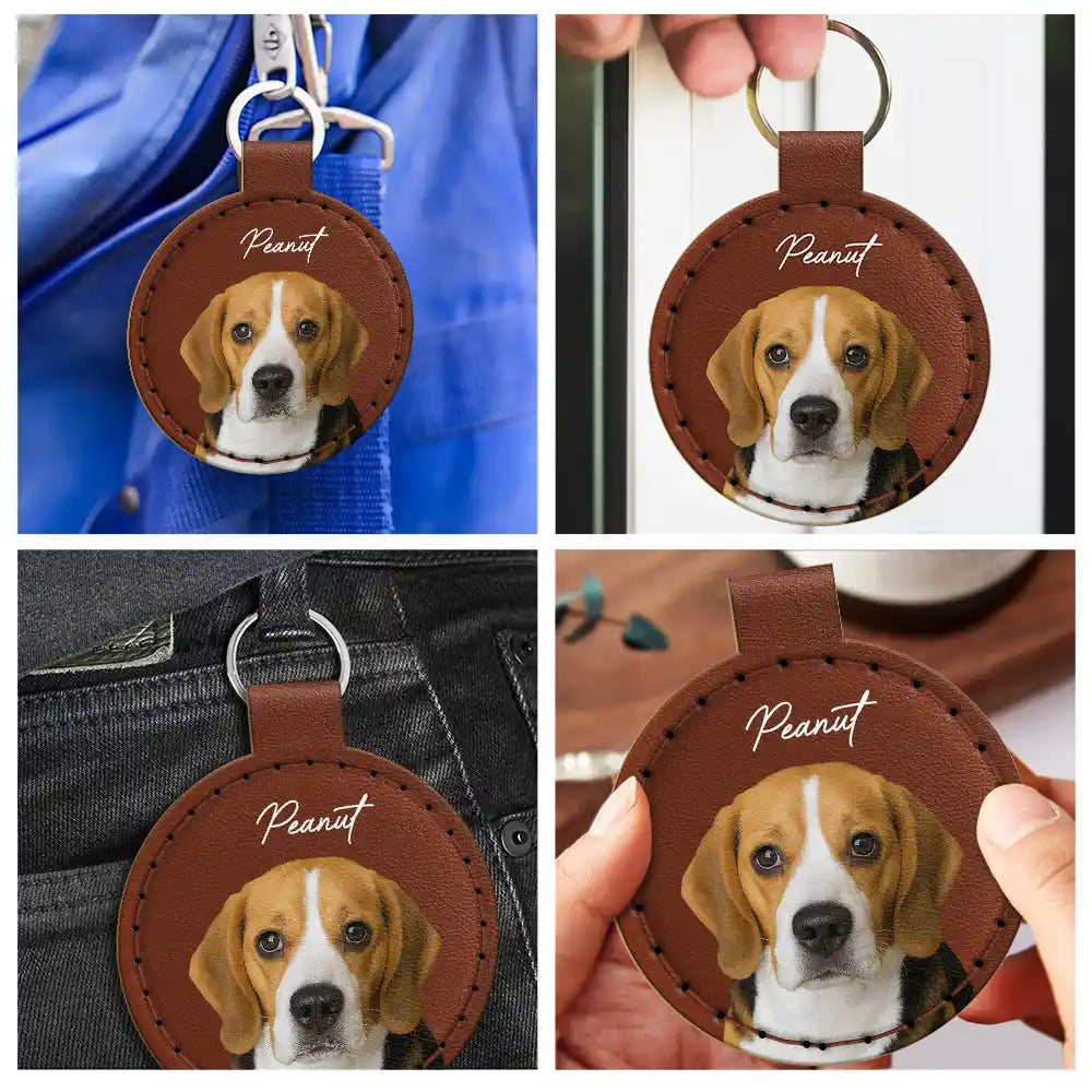Custom Photo Dog Cat Pet Portrait - Personalized Custom Shaped Leather Keychain With Stitching Leather Keychain With Stitching HeartfulPaws