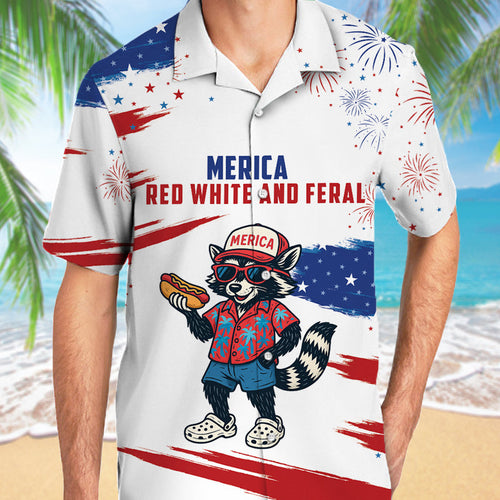 Red White And Feral Racoon Hotdog And Crocs America Flag Hawaii Shirt, Patriot Shirt, July 4th Shirt HeartfulPaws