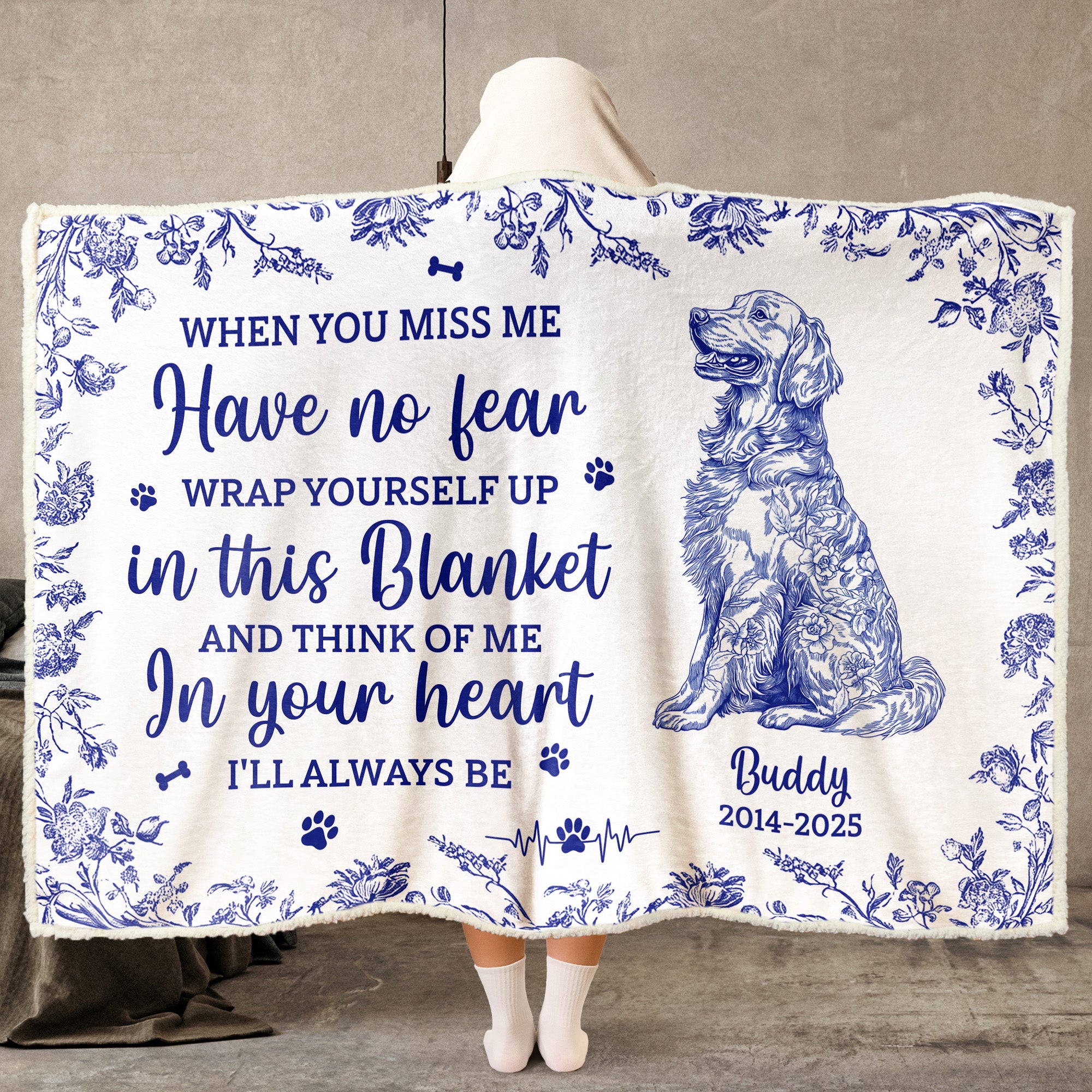 Toile De Jouy Dog Memorial Gift For Dog Mom - Personalized Wearable Blanket Hoodie Wearable Hooded Blanket HeartfulPaws