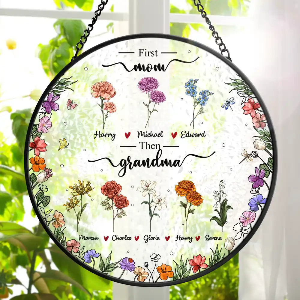 First Mom Now Grandma Birth Flower - Personalized Stained Glass Window Hanging Suncatcher Stained Glass Suncatcher HeartfulPaws