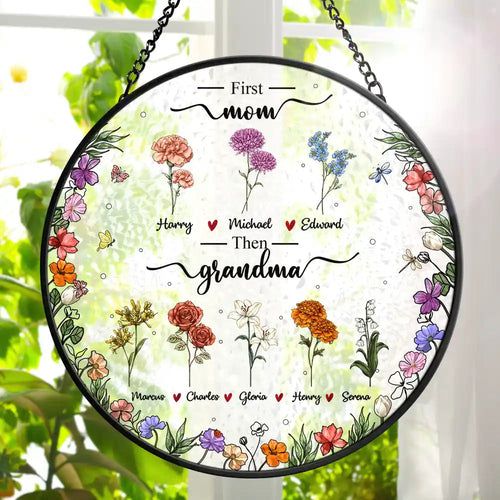 First Mom Now Grandma Birth Flower - Personalized Stained Glass Window Hanging Suncatcher Stained Glass Suncatcher HeartfulPaws