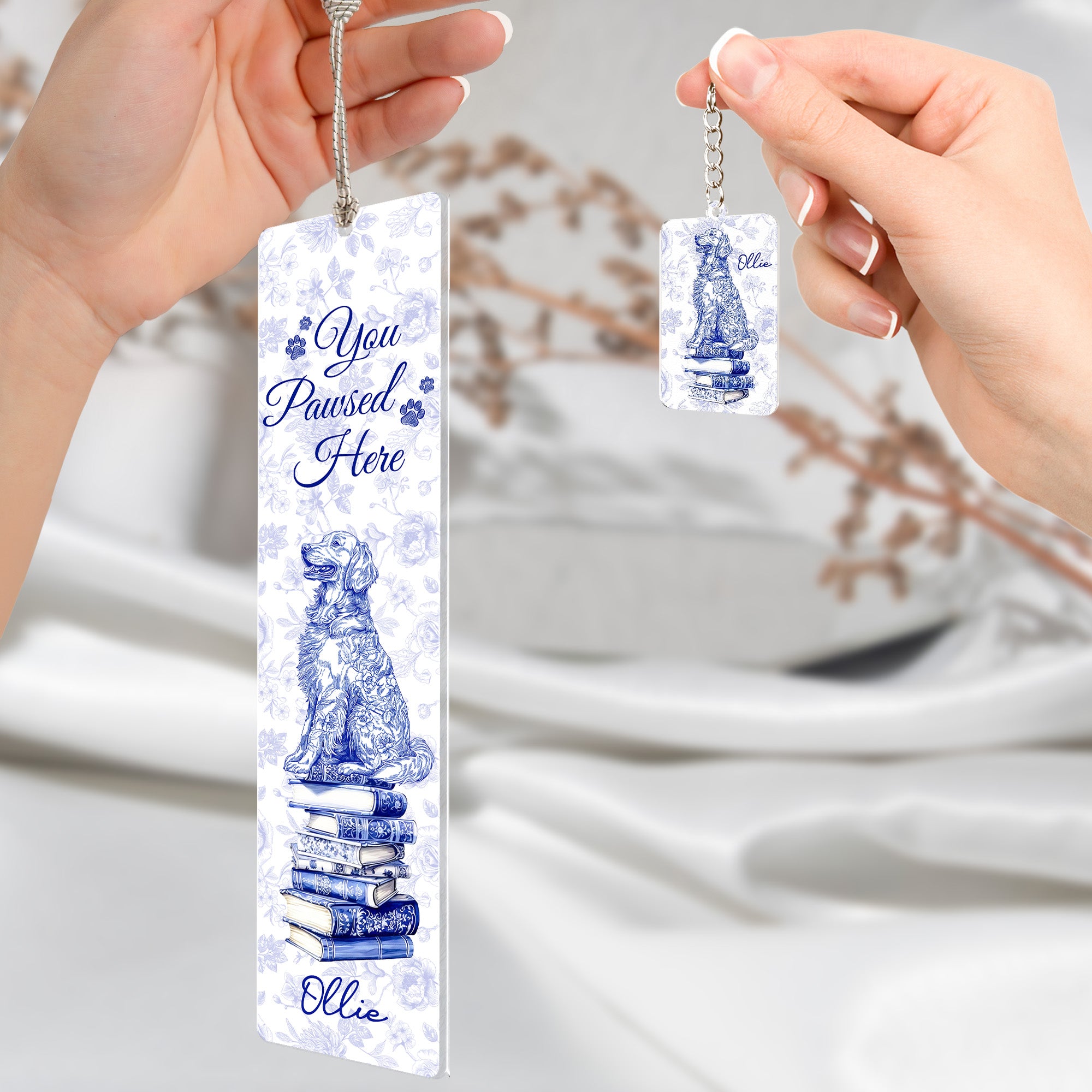 Dog Mom Book Lover Toile De Jouy - Personalized Acrylic Bookmark And Keychain Set Acrylic Bookmark And Keychain Set HeartfulPaws