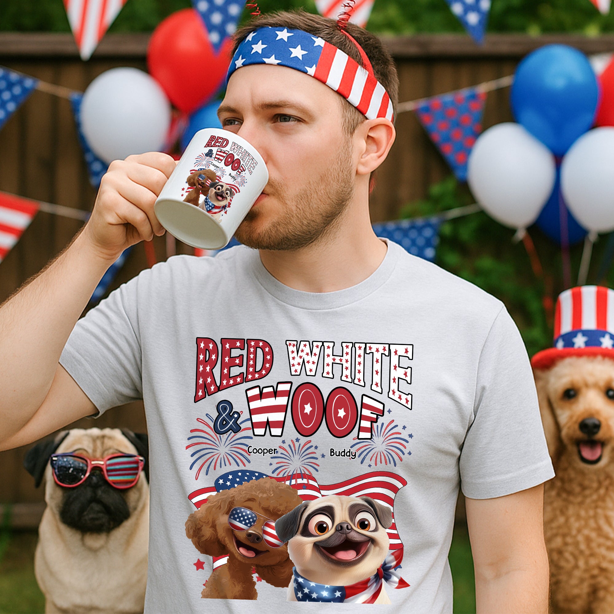 Red White Woof - Custom Independence Day Gift Set For Pet Parents Shirt And Mug HeartfulPaws
