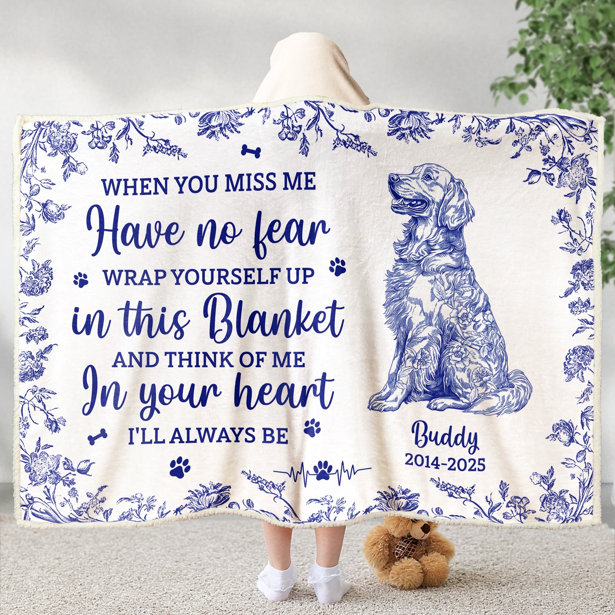 Toile De Jouy Dog Memorial Gift For Dog Mom - Personalized Wearable Blanket Hoodie Wearable Hooded Blanket HeartfulPaws