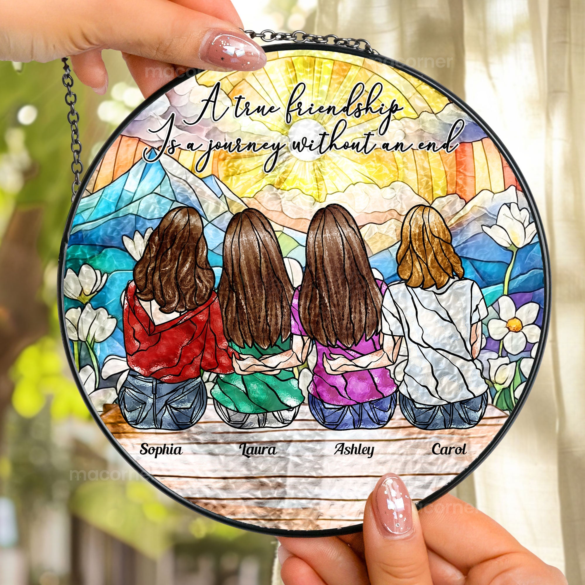 True Friendship Is A Journey Without An End - Personalized Stained Glass Window Hanging Suncatcher Stained Glass Window Hanging Suncatcher HeartfulPaws