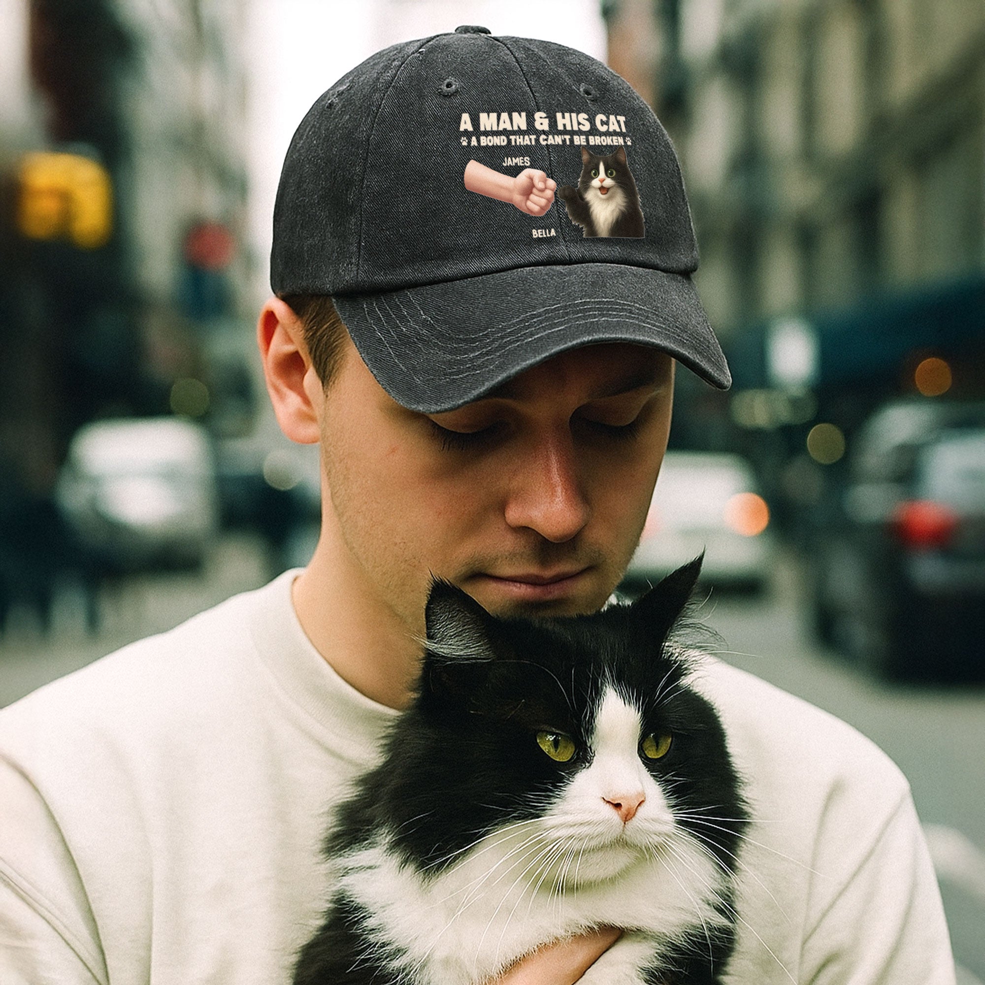 A Man And His Cat - Personalized Distressed Denim Cap Distressed Denim Cap HeartfulPaws