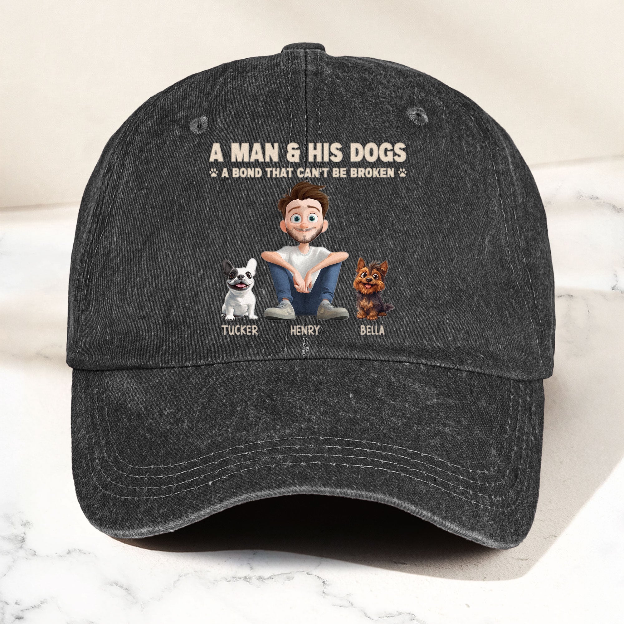 Man & His Dog A Bond Can't Be Broken - Personalized Distressed Denim Cap Distressed Denim Cap HeartfulPaws