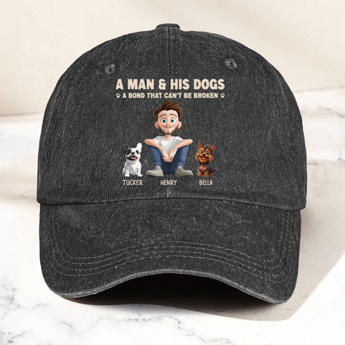 Man & His Dog A Bond Can't Be Broken - Personalized Distressed Denim Cap Distressed Denim Cap HeartfulPaws