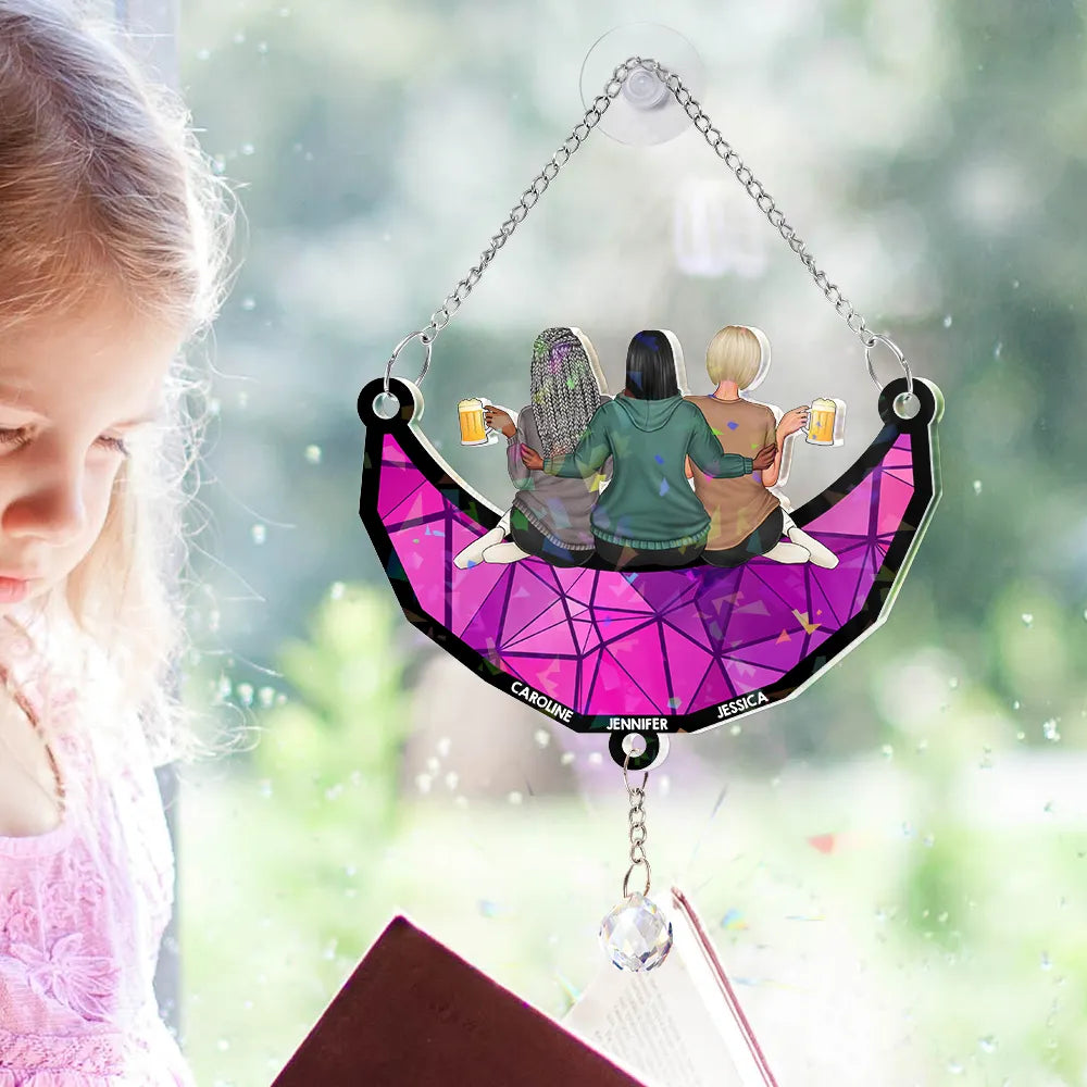 Besties Friends Sitting On The Moon - Personalized Rainbow Suncatcher With Crystal Ball Prism Rainbow Suncatcher & Crystal HeartfulPaws