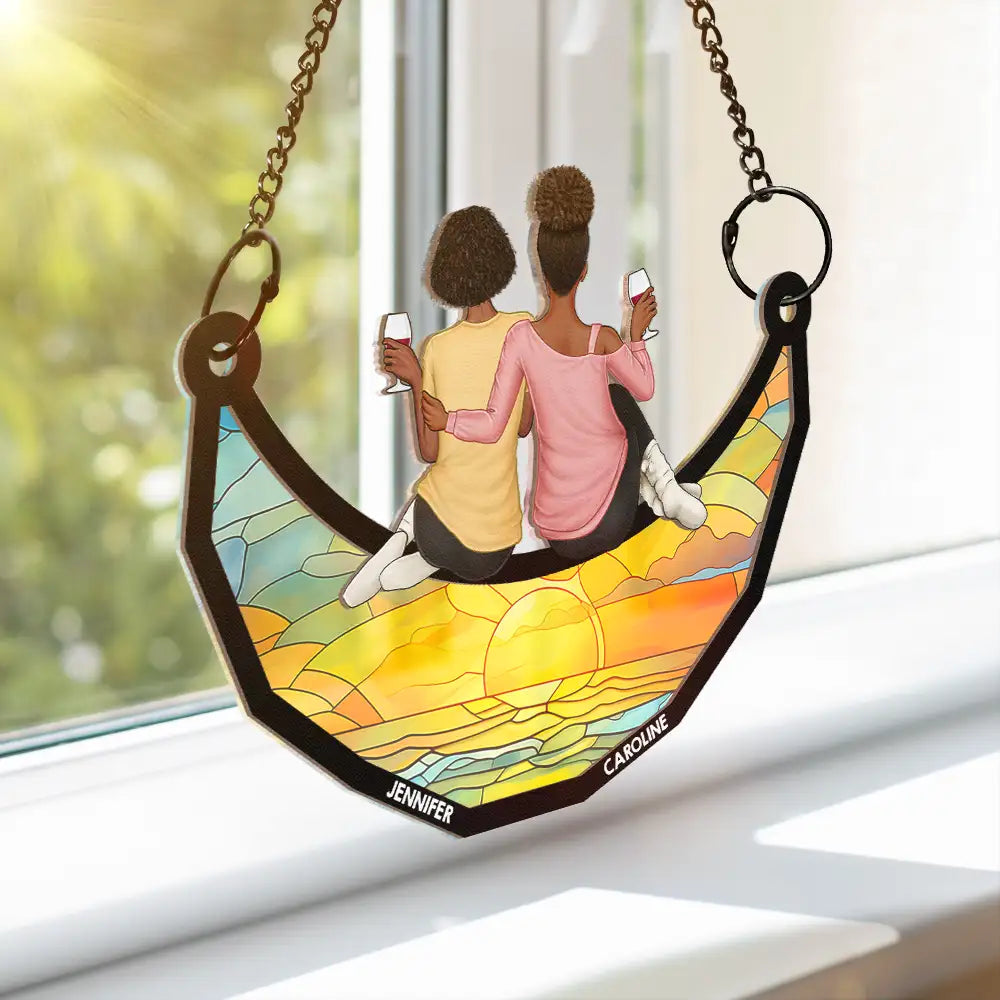 Besties Friends Sitting On The Moon - Personalized Window Hanging Suncatcher Ornament Window Hanging Suncatcher HeartfulPaws