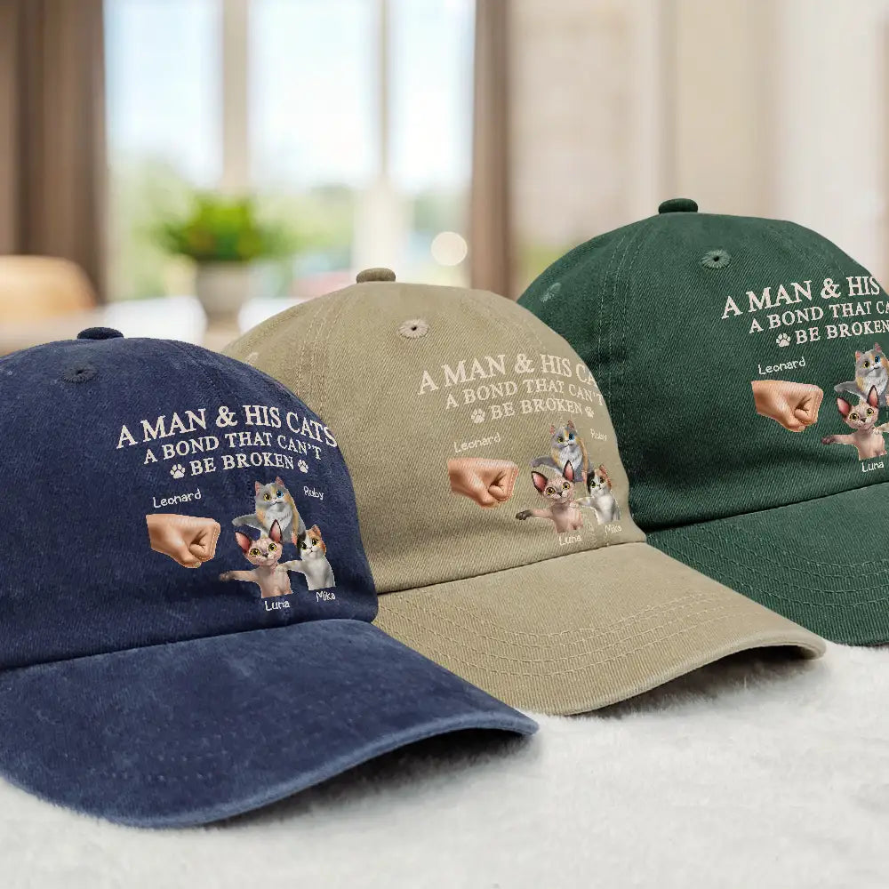A Man And His Cat - Personalized Vintage Washed Denim Cap Vintage Washed Denim Cap HeartfulPaws