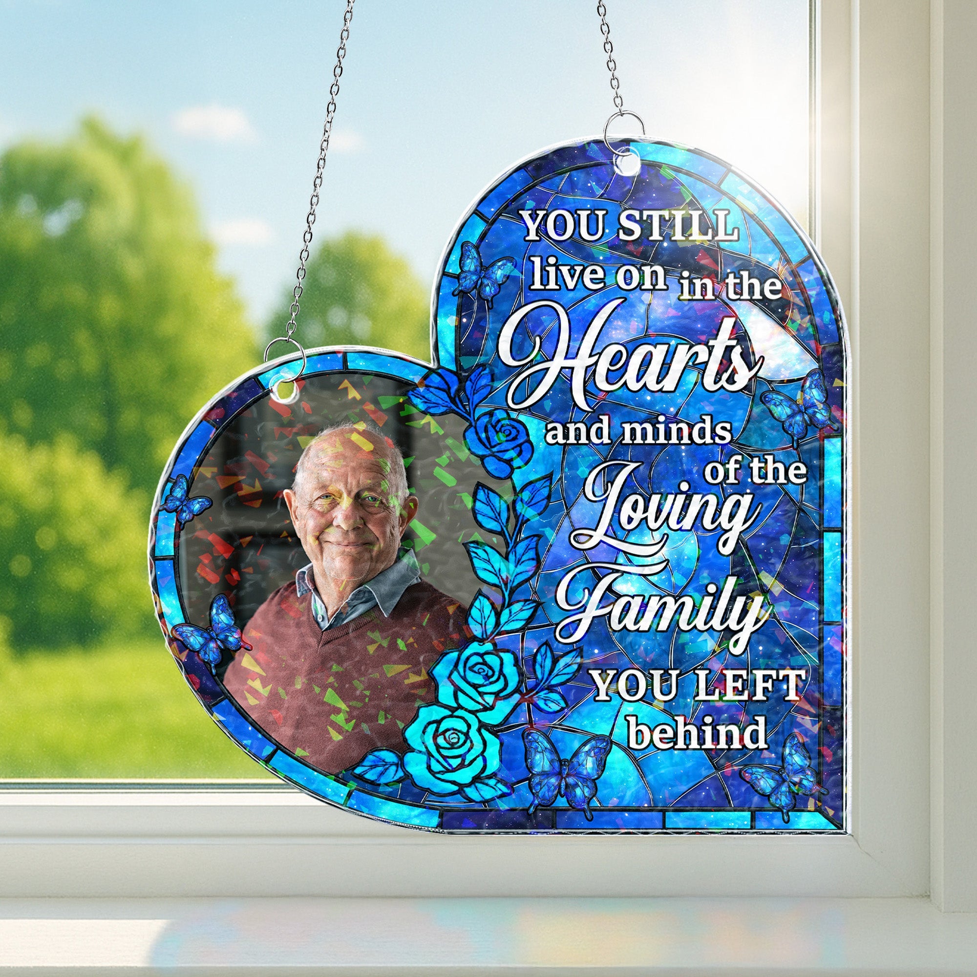 You Still Live On In The Hearts - Personalized Photo Window Corner Suncatcher Window Corner Suncatcher HeartfulPaws