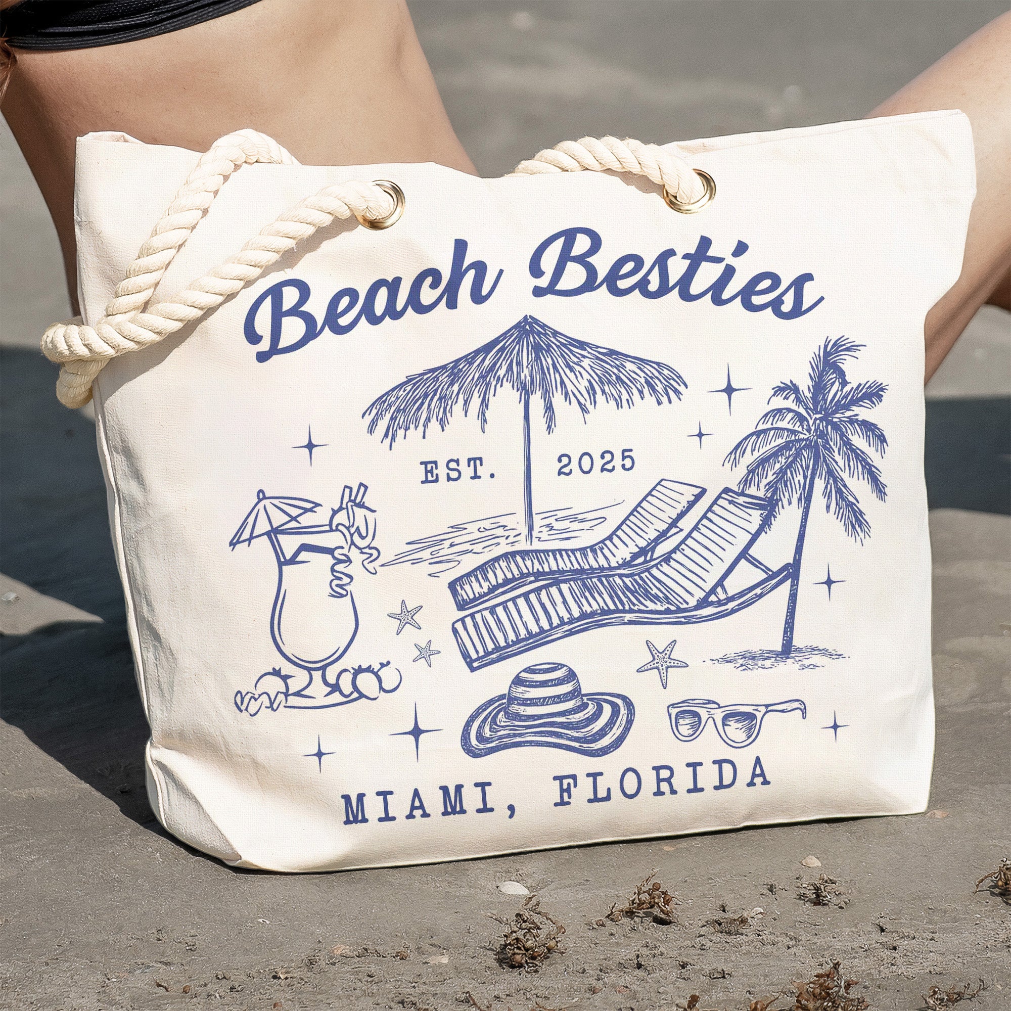 Beach Besties Girls Trip Summer Vacation Vacay Mode - Personalized Beach Bag Canvas Beach Bag With Rope Handle HeartfulPaws