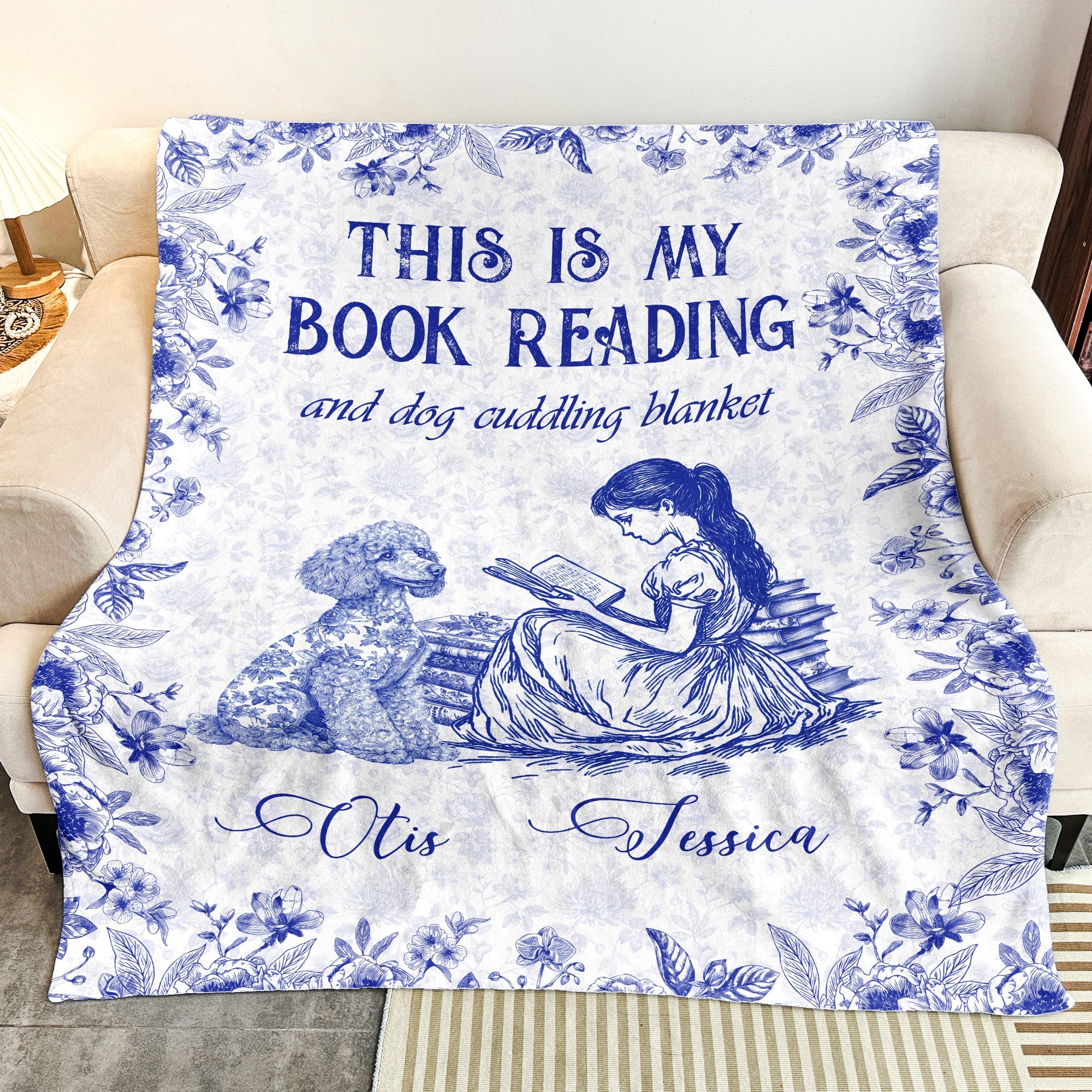 My Book Reading And Dog Cuddling Toile De Jouy Chinoiseries - Personalized Blanket Blankets HeartfulPaws
