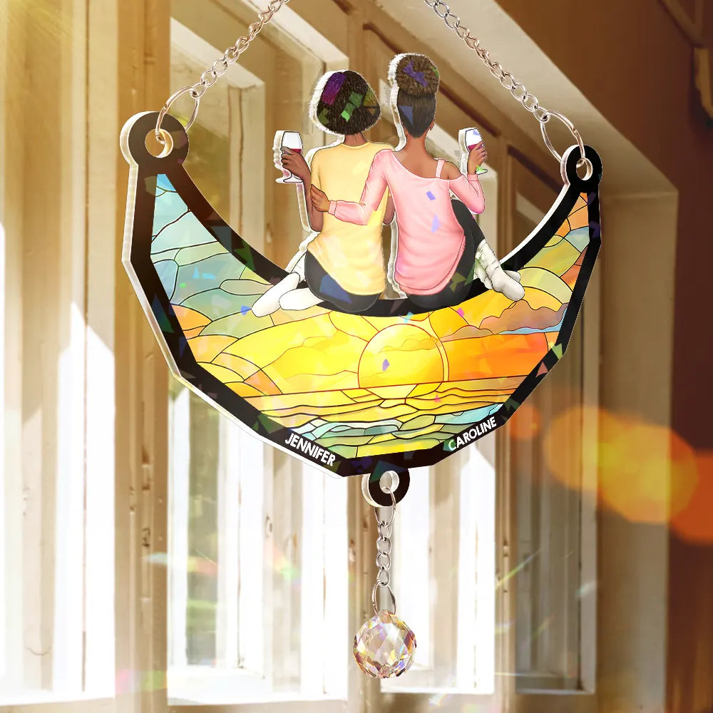 Besties Friends Sitting On The Moon - Personalized Rainbow Suncatcher With Crystal Ball Prism Rainbow Suncatcher & Crystal HeartfulPaws
