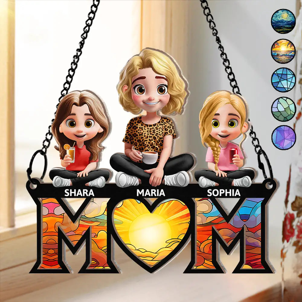 Young Mother Daughter Son We Love You Mom 3D Cartoon - Personalized Window Hanging Suncatcher Ornament Window Hanging Suncatcher HeartfulPaws
