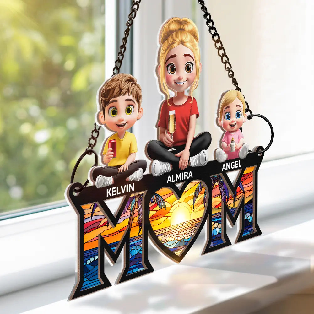 Young Mother Daughter Son We Love You Mom 3D Cartoon - Personalized Window Hanging Suncatcher Ornament Window Hanging Suncatcher HeartfulPaws