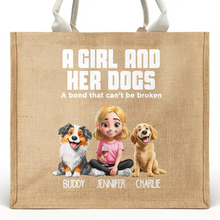 Load image into Gallery viewer, Dog Mom A Girl And Her Dog - Personalized Jute Beach Bag Jute Beach Bag HeartfulPaws
