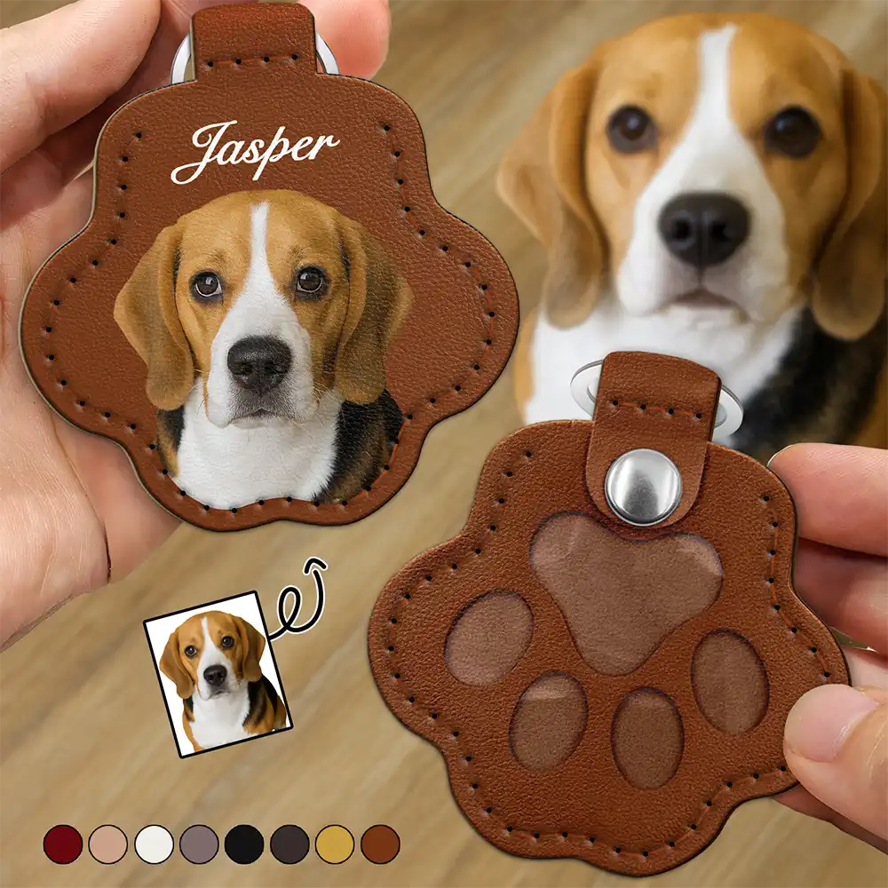 Custom Photo Dog Cat Pet Portrait - Personalized Paw Shaped Leather Keychain With Stitching Leather Keychain With Stitching HeartfulPaws