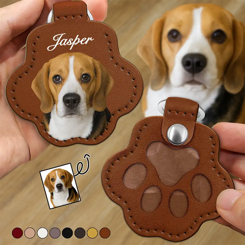 Custom Photo Dog Cat Pet Portrait - Personalized Paw Shaped Leather Keychain With Stitching Leather Keychain With Stitching HeartfulPaws