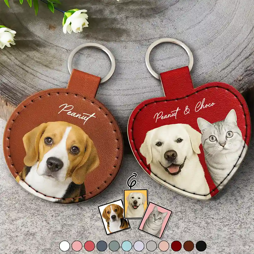 Custom Photo Dog Cat Pet Portrait - Personalized Custom Shaped Leather Keychain With Stitching Leather Keychain With Stitching HeartfulPaws