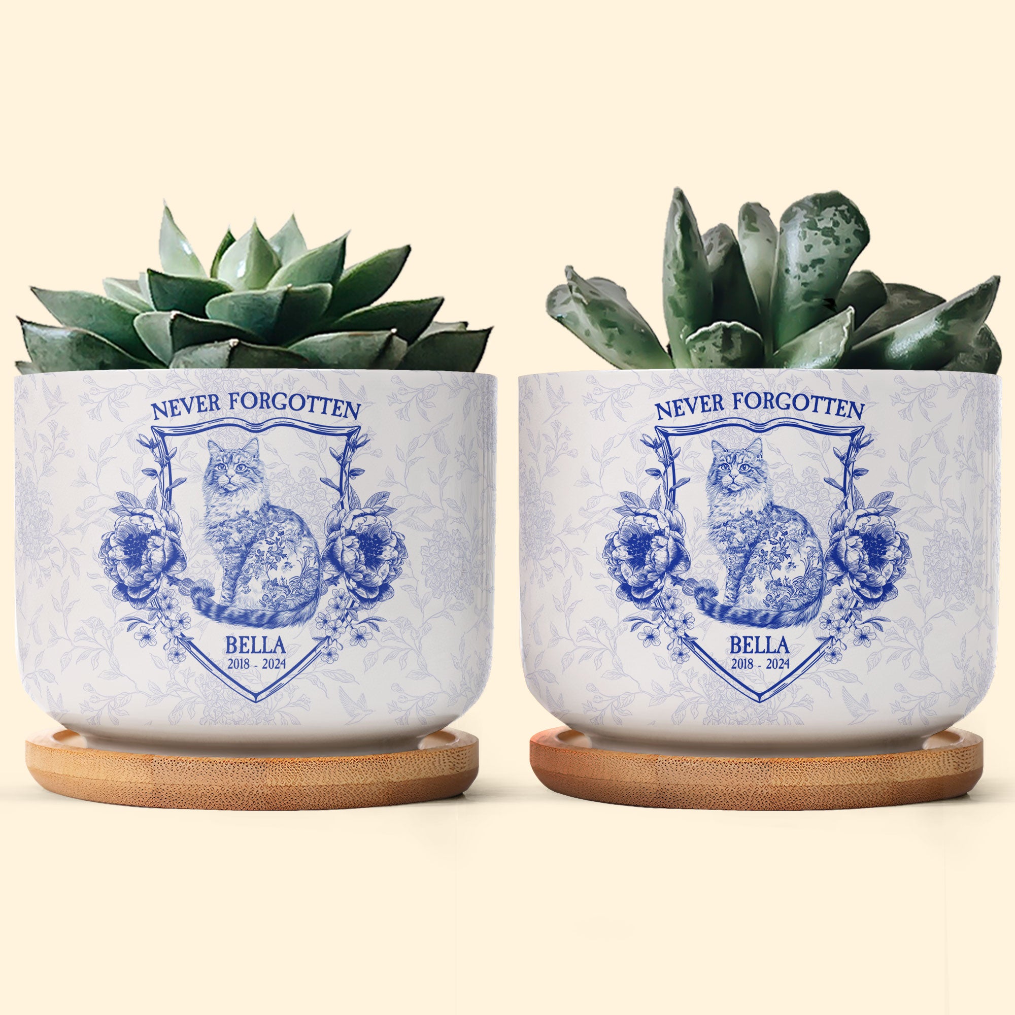 Never Forgotten Cat Toile De Jouy Style - Personalized Ceramic Plant Pot Ceramic Plant Pot HeartfulPaws