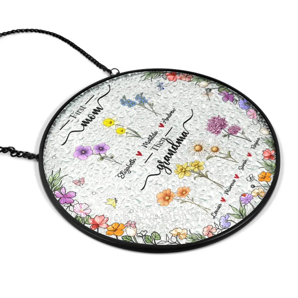 First Mom Now Grandma Birth Flower - Personalized Stained Glass Window Hanging Suncatcher Stained Glass Suncatcher HeartfulPaws