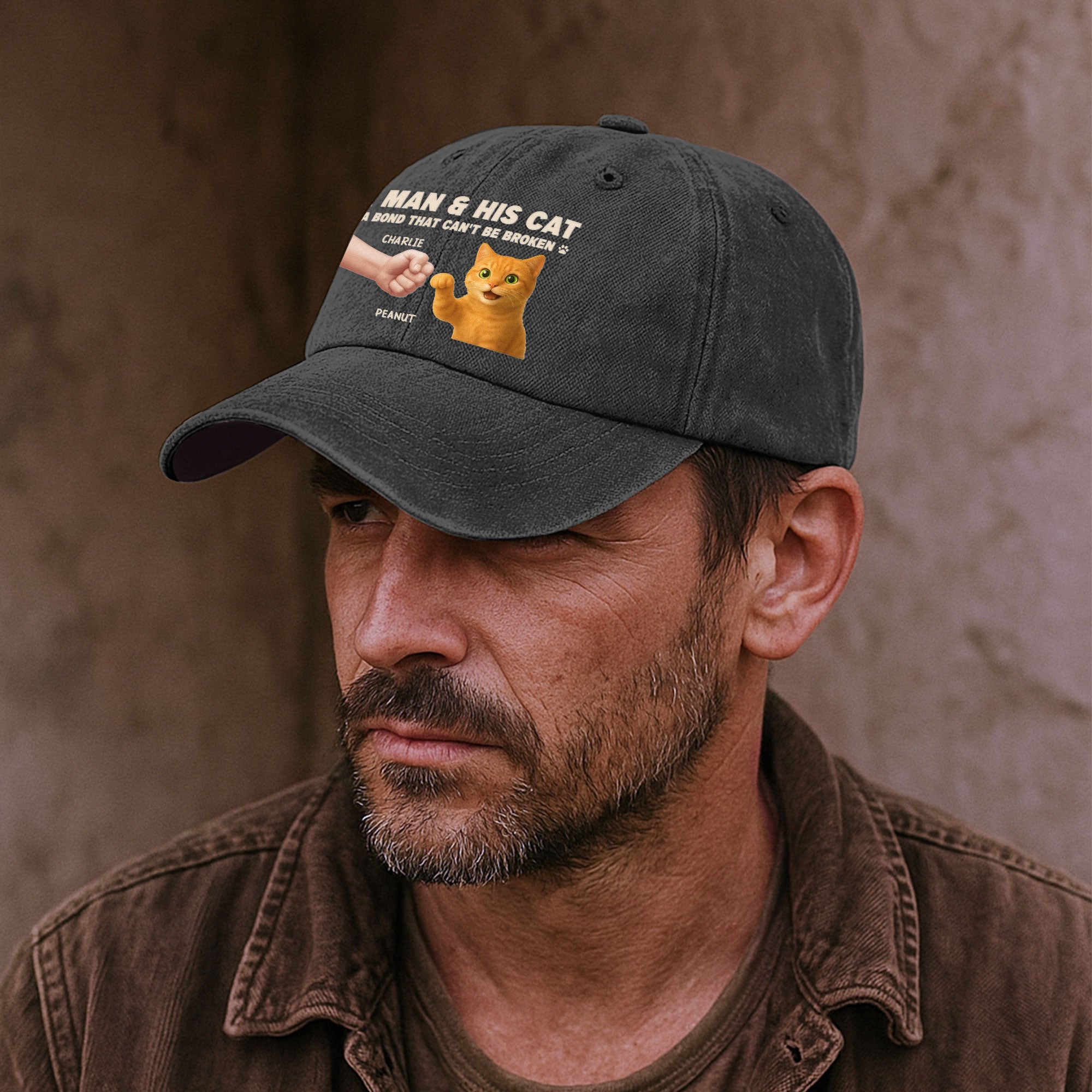 A Man And His Cat - Personalized Distressed Denim Cap Distressed Denim Cap HeartfulPaws