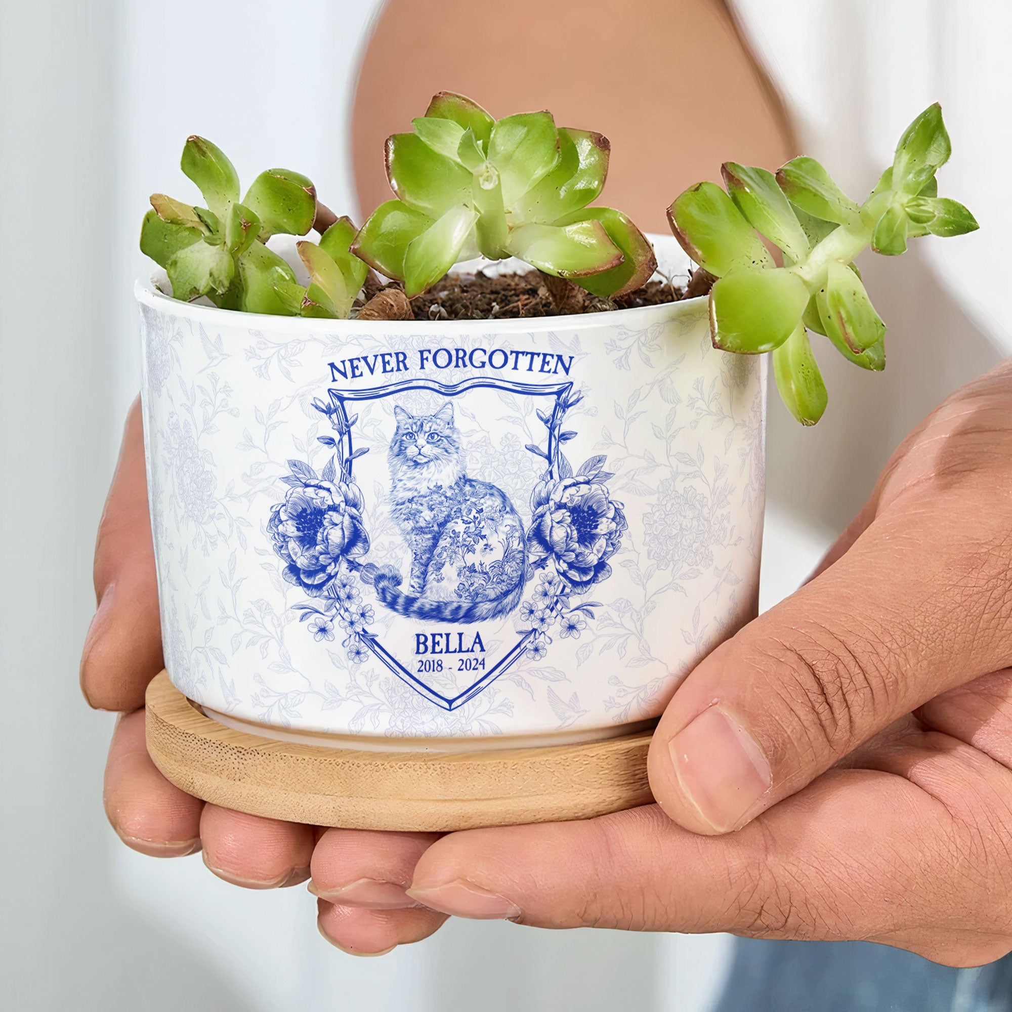 Never Forgotten Cat Toile De Jouy Style - Personalized Ceramic Plant Pot Ceramic Plant Pot HeartfulPaws