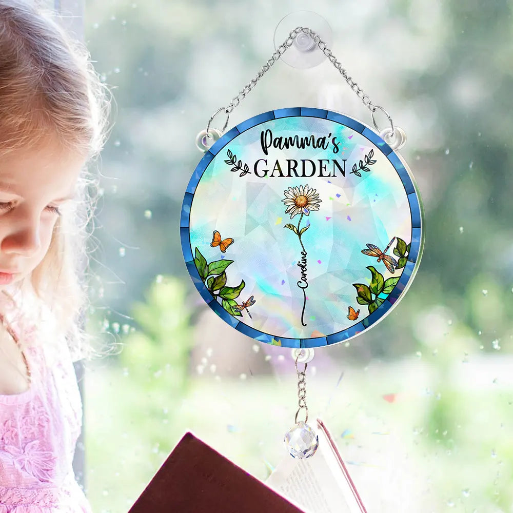 Birth Flower Grandma's Garden - Personalized Rainbow Suncatcher With Crystal Ball Prism Rainbow Suncatcher & Crystal HeartfulPaws