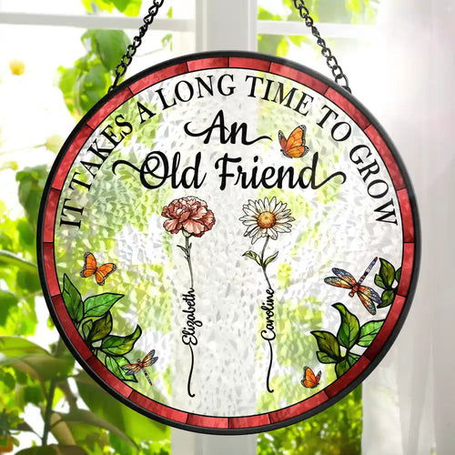 Birth Flower Grow An Old Friend - Personalized Stained Glass Window Hanging Suncatcher Stained Glass Suncatcher HeartfulPaws