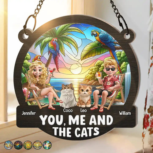 Beach You, Me And The Cats - Personalized Window Hanging Suncatcher Ornament Window Hanging Suncatcher HeartfulPaws