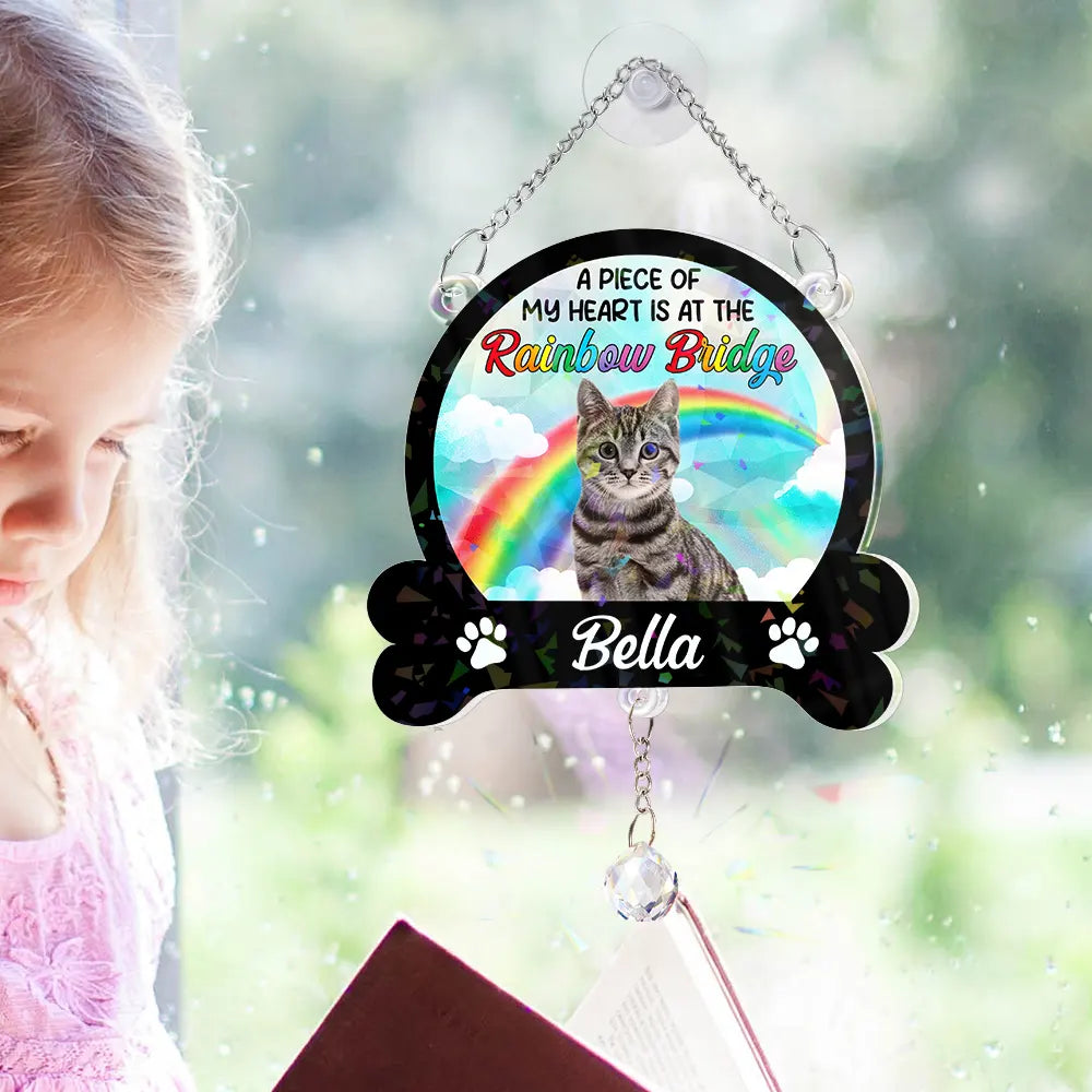 Custom Photo A Piece Of My Heart Is At The Rainbow Bridge - Personalized Rainbow Suncatcher With Crystal Ball Prism Rainbow Suncatcher & Crystal HeartfulPaws