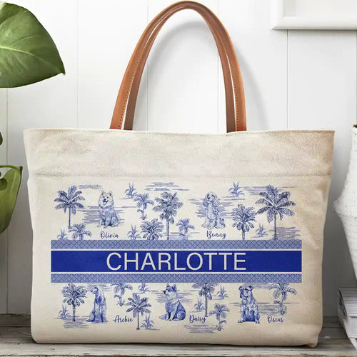 Dog Mom Dog Lovers Toile De Joey Pattern - Personalized Leather Handle Tote Bag Leather Handle Tote Bag HeartfulPaws