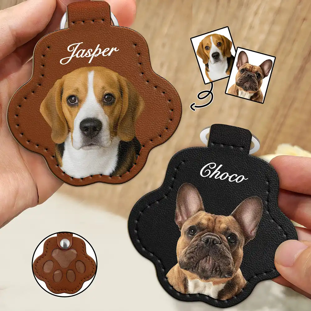 Custom Photo Dog Cat Pet Portrait - Personalized Paw Shaped Leather Keychain With Stitching Leather Keychain With Stitching HeartfulPaws