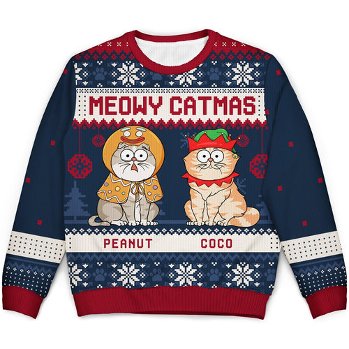 Meowy Catmas Funny Cartoon Cats - Christmas Gift For Cat Lovers, Cat Moms, Cat Dads - Personalized Unisex Ugly Sweater Ugly Sweater HeartfulPaws