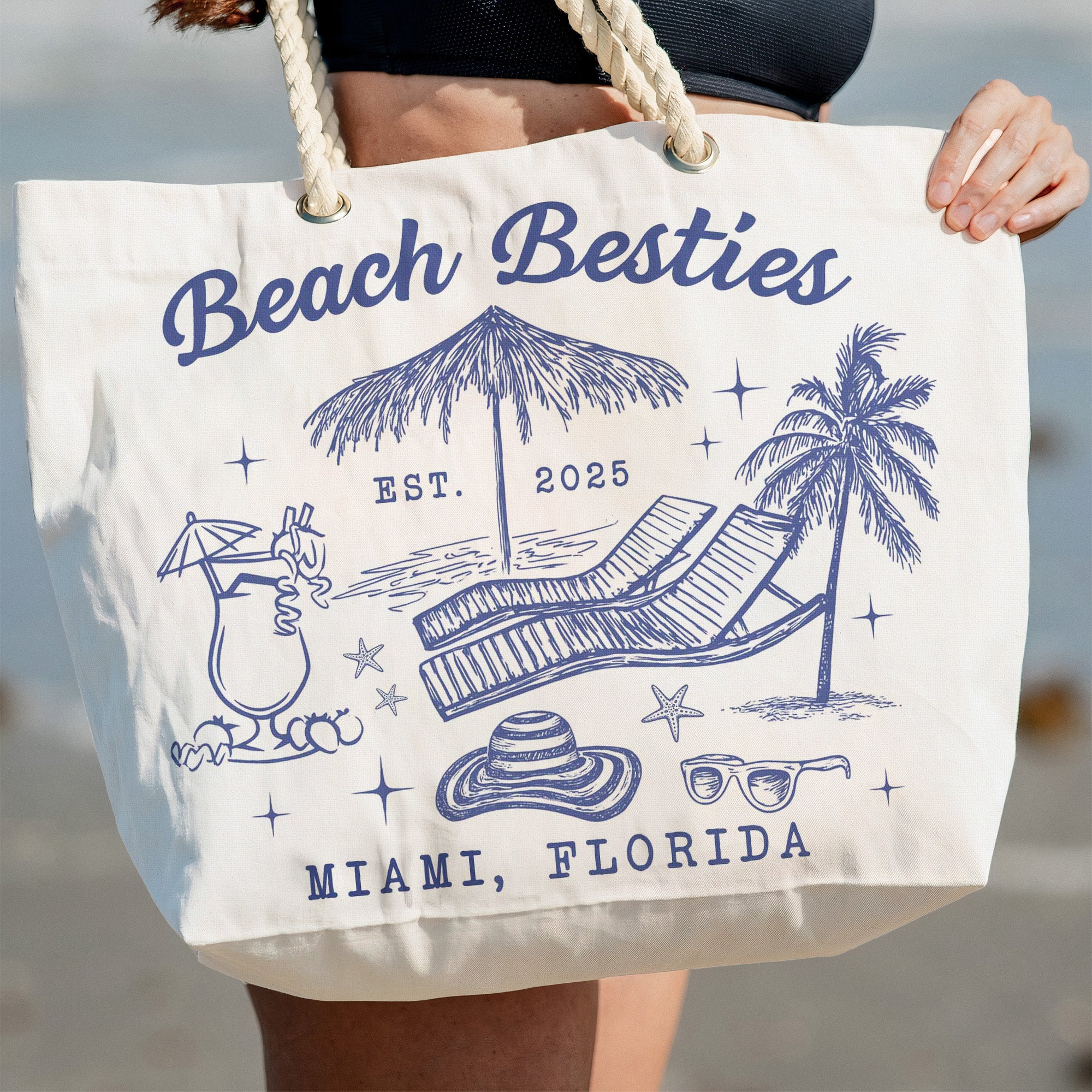 Beach Besties Girls Trip Summer Vacation Vacay Mode - Personalized Beach Bag Canvas Beach Bag With Rope Handle HeartfulPaws