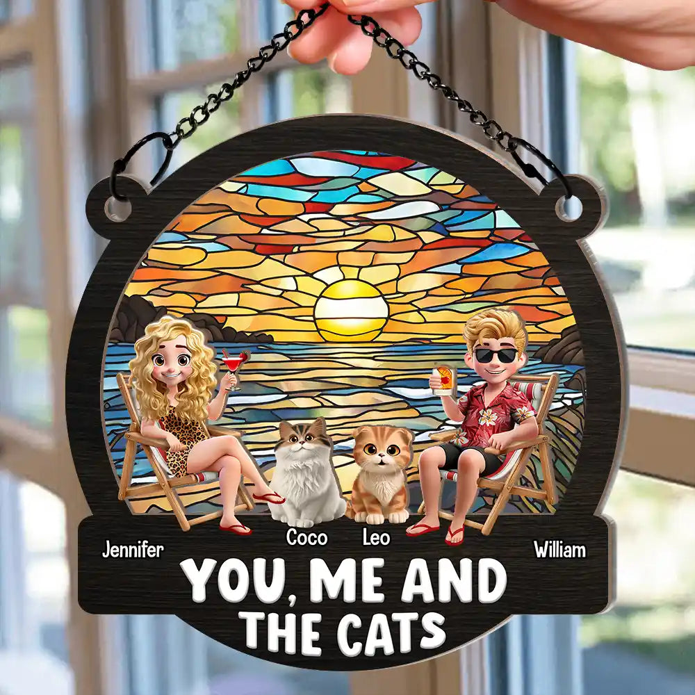 Beach You, Me And The Cats - Personalized Window Hanging Suncatcher Ornament Window Hanging Suncatcher HeartfulPaws